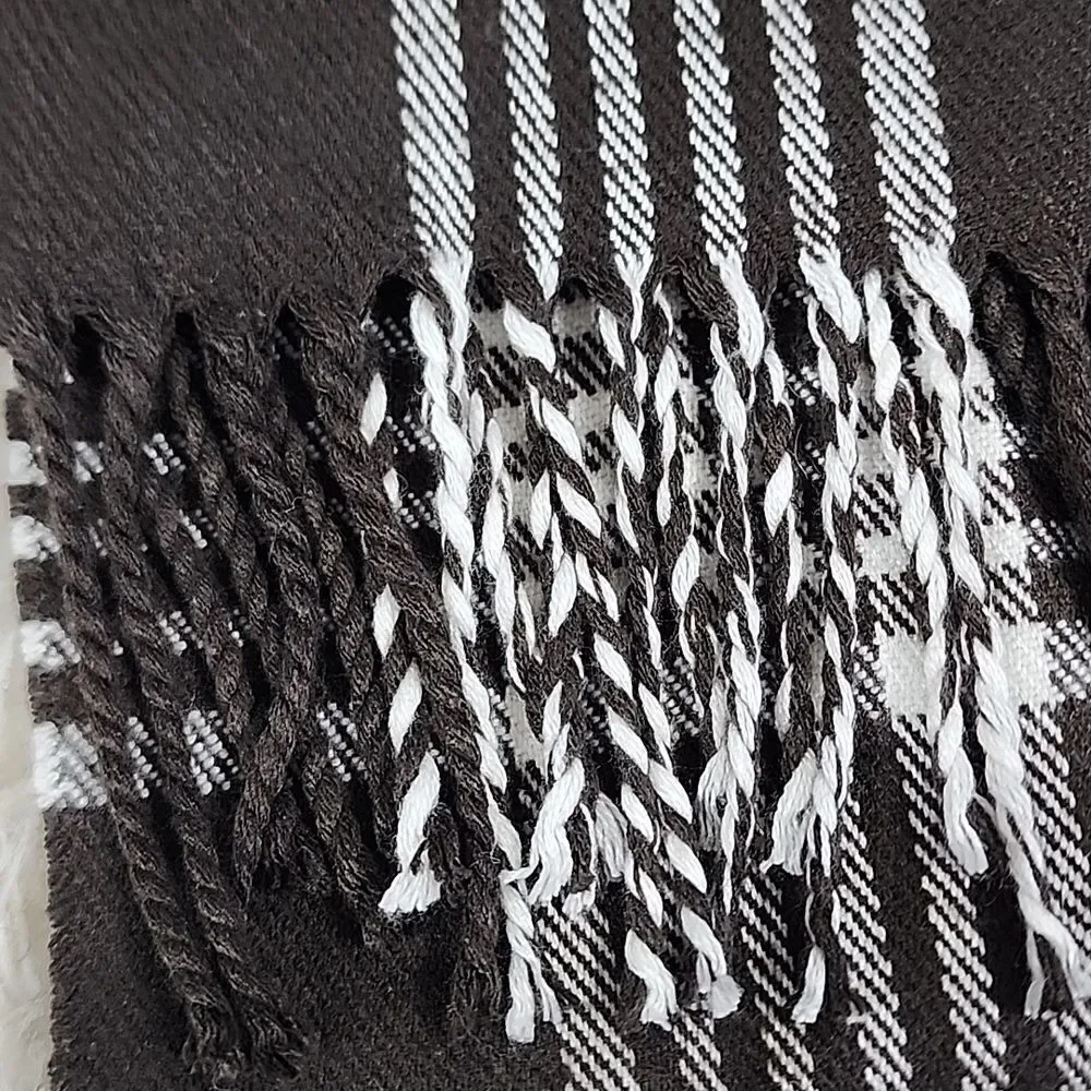 Luxury Cashmere Braided  Fringed Buttery Soft Plaid Scarf Chocolate Brown